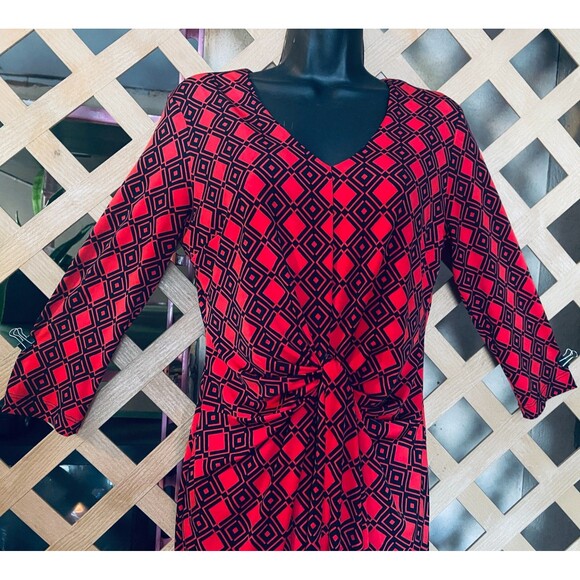 Karen Kane 4L60547 Tangerine Red Diamond Print Stretch Jersey Tiffany Dress M - Picture 2 of 9